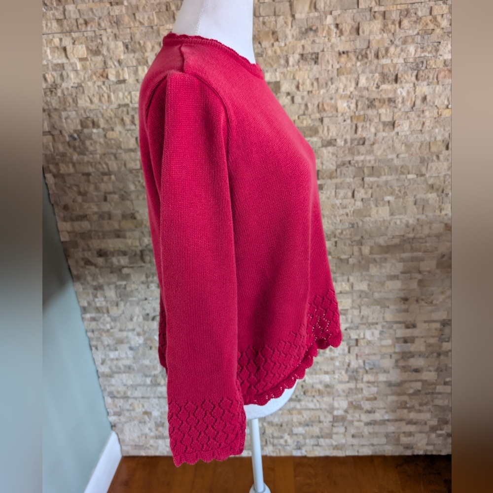 Vintage Villager Red Pointelle Knit Scalloped Edge Pullover Cotton Sweater MP image 3